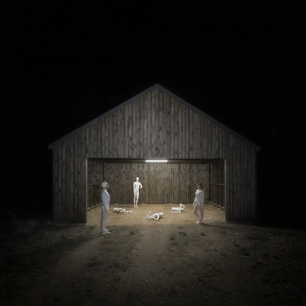 Eerie Night Barn Figures by Leszek Paradowski — canvas wall art