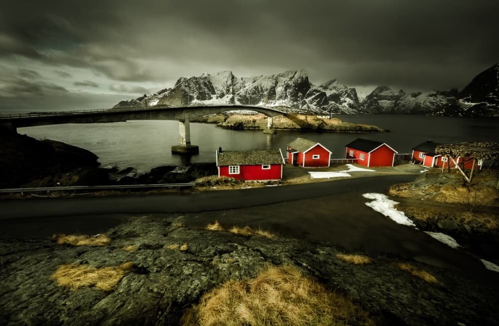 Red Houses Nordic Fjord by Lior Yaakobi — canvas wall art