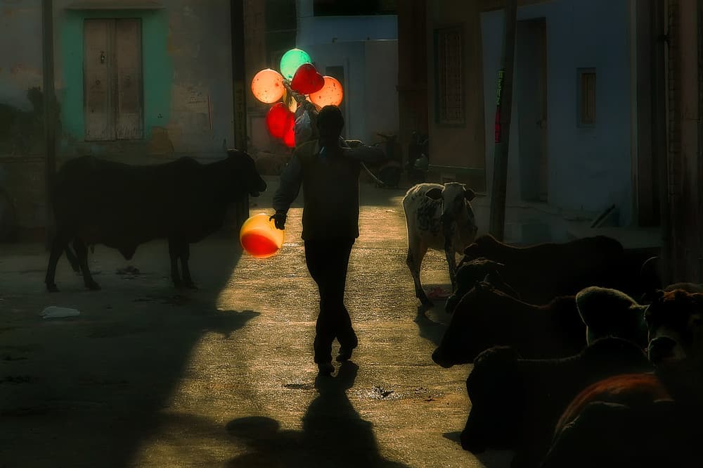 Golden Light Balloon Man by Lou Urlings — canvas wall art