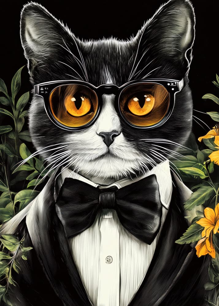 Tuxedo Cat With Glasses by Justyna Jaszke — canvas wall art