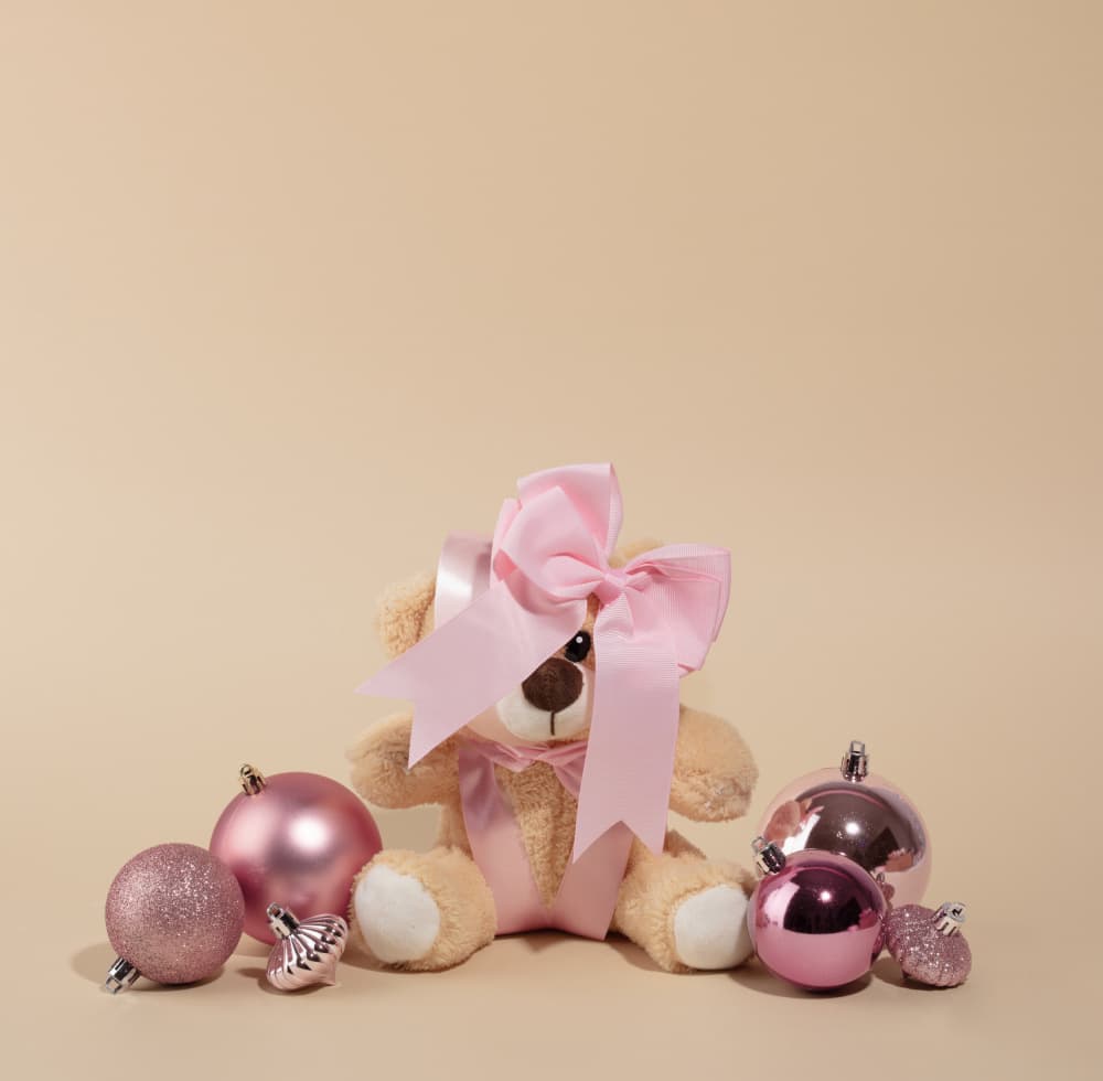 Cute Pink Christmas Bear by Julia Ramiro — canvas wall art