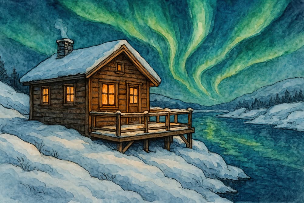 Winter Cabin Northern Lights by Natalie Bruns — canvas wall art