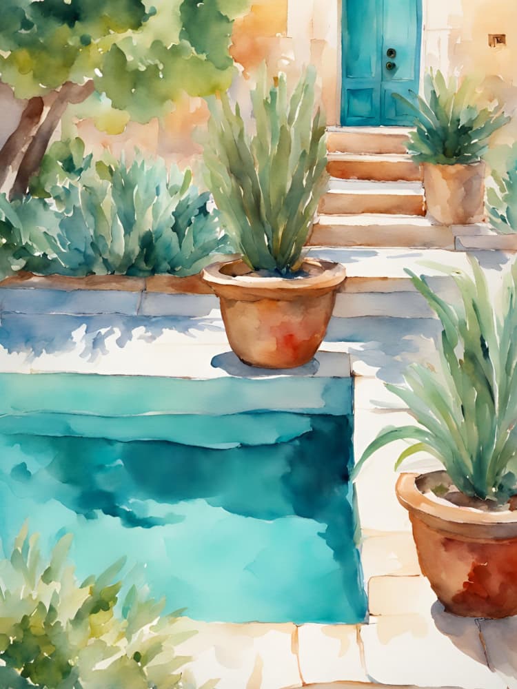 Mediterranean Poolside Garden by Ohkimiko — canvas wall art