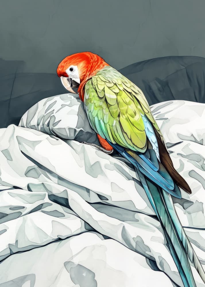 Colorful Macaw on Bed by Justyna Jaszke — canvas wall art