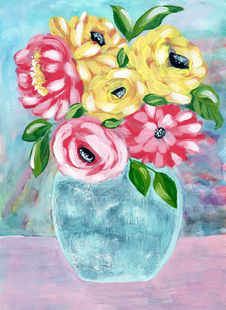 Happy Blooms in Vase by Jasmine Goodwin — canvas wall art