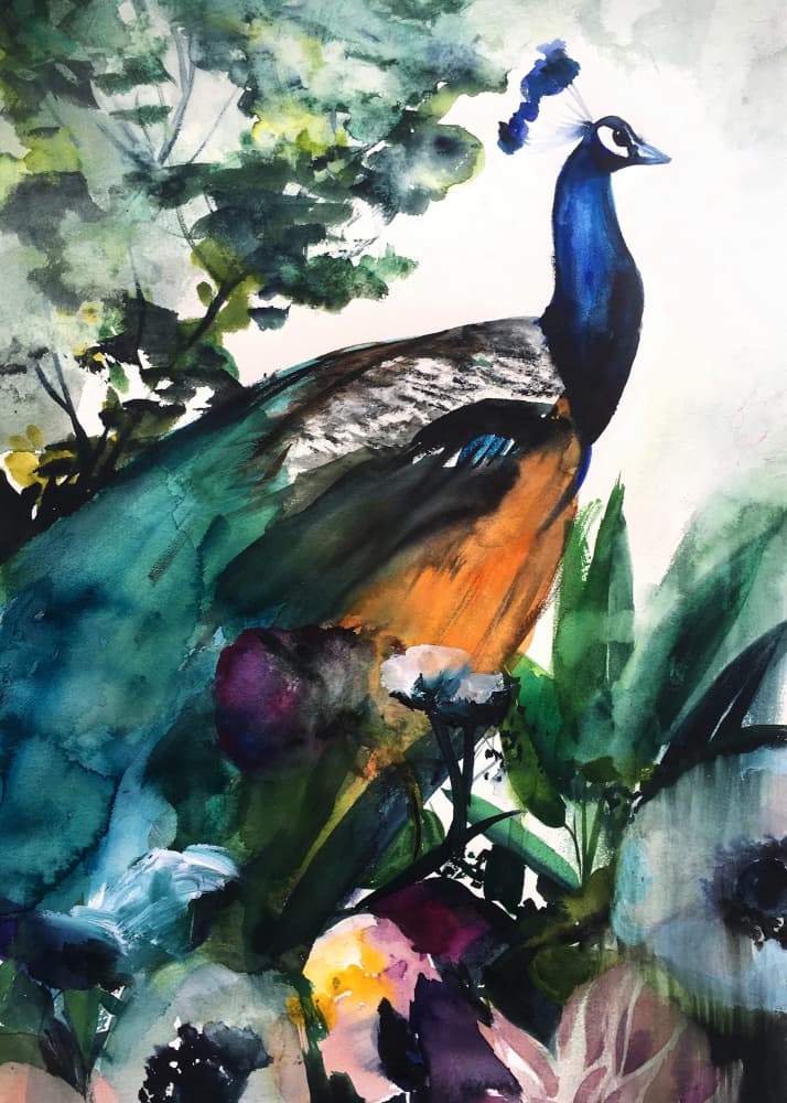 Vibrant Peacock Garden by Christine Lindstrom — canvas wall art