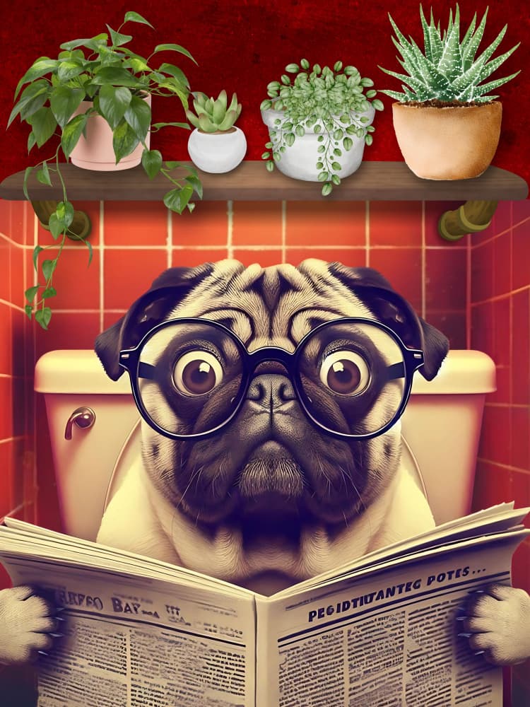 Smart Pug Reading Newspaper by Tonya van Schalkwyk — canvas wall art
