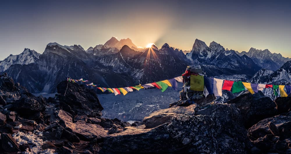 Himalayan Prayer Flags Sunrise by qiye — canvas wall art