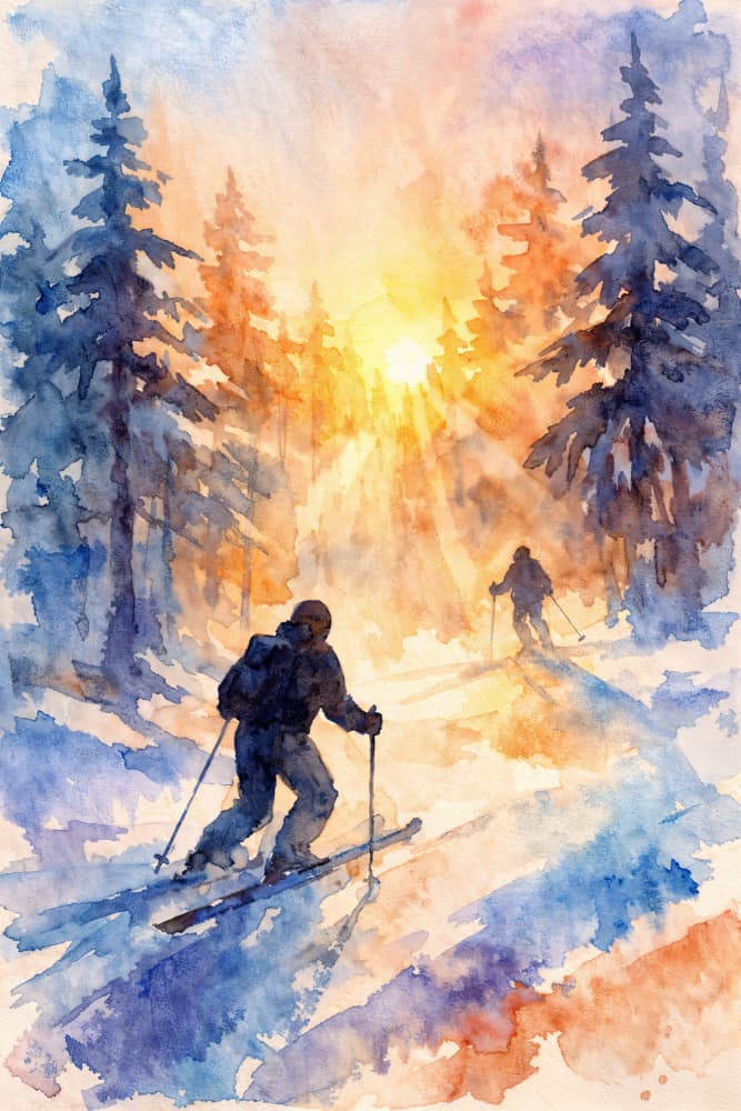 Winter Skiers Sunrise by Natalie Bruns — canvas wall art