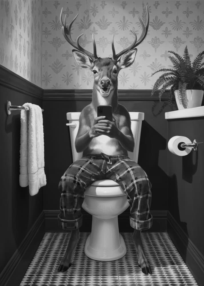 Pajama Deer On Toilet by Andreas Magnusson — canvas wall art