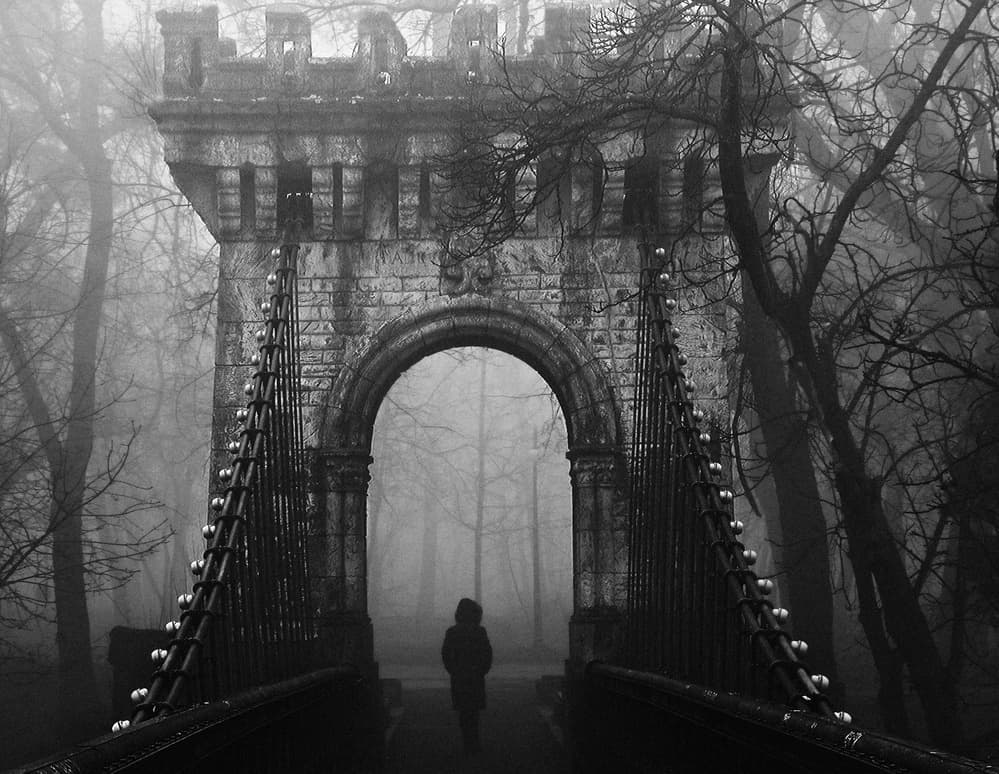 Solitary Figure Foggy Bridge by Catalin Alexandru — canvas wall art