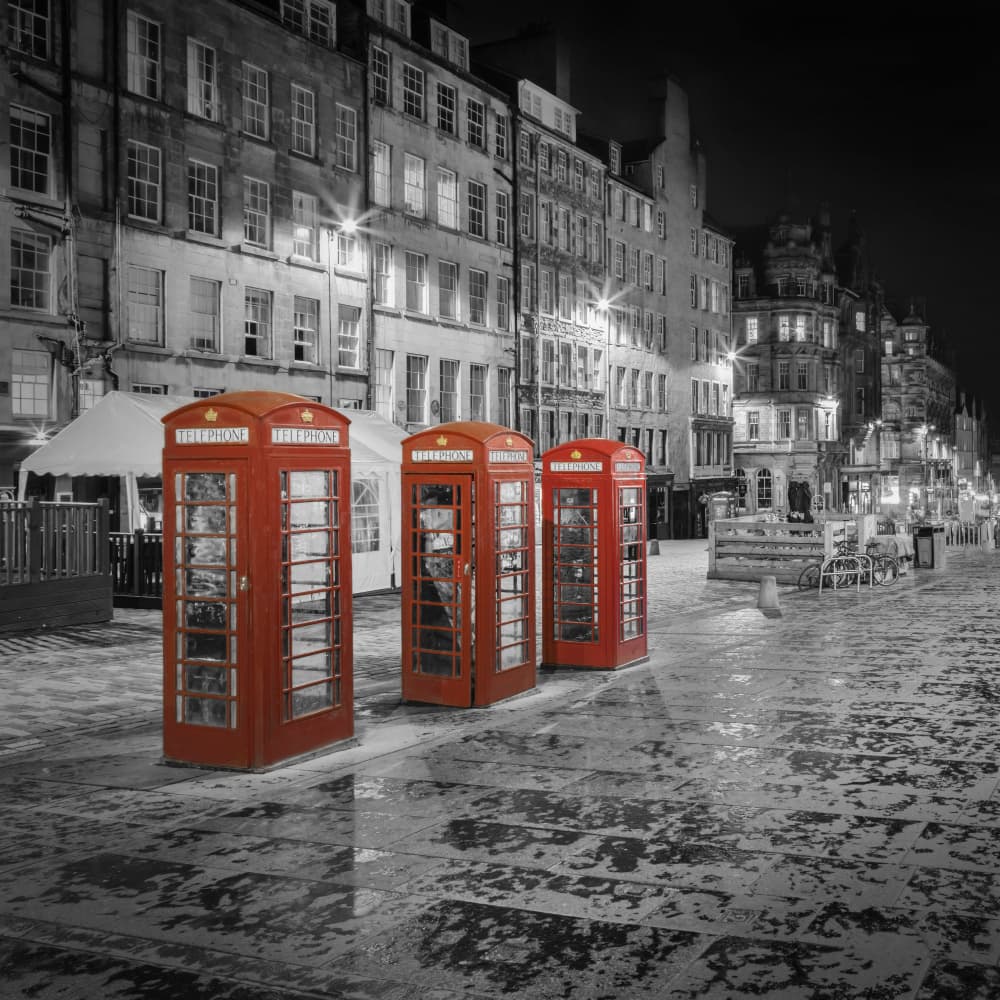 Red Telephone Booths Night by Melanie Viola — canvas wall art