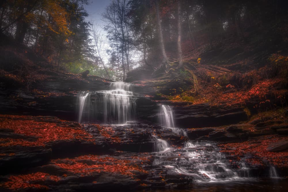 Autumn Forest Waterfall by Ruiqing P. — canvas wall art