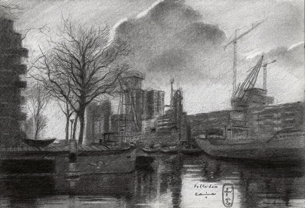 Rotterdam Winter Port Sketch by Corné Akkers — canvas wall art