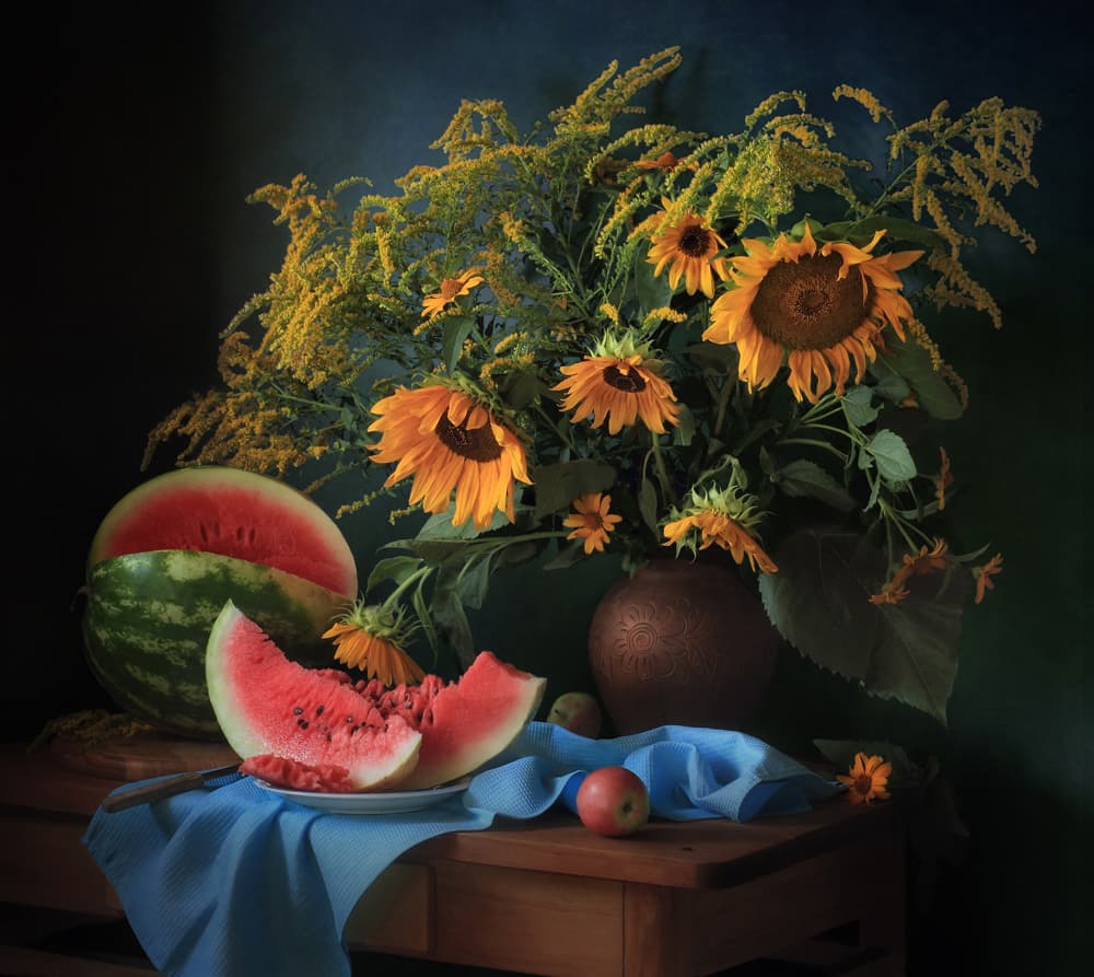 Golden Sunflowers Watermelon by Tatyana Skorokhod — canvas wall art