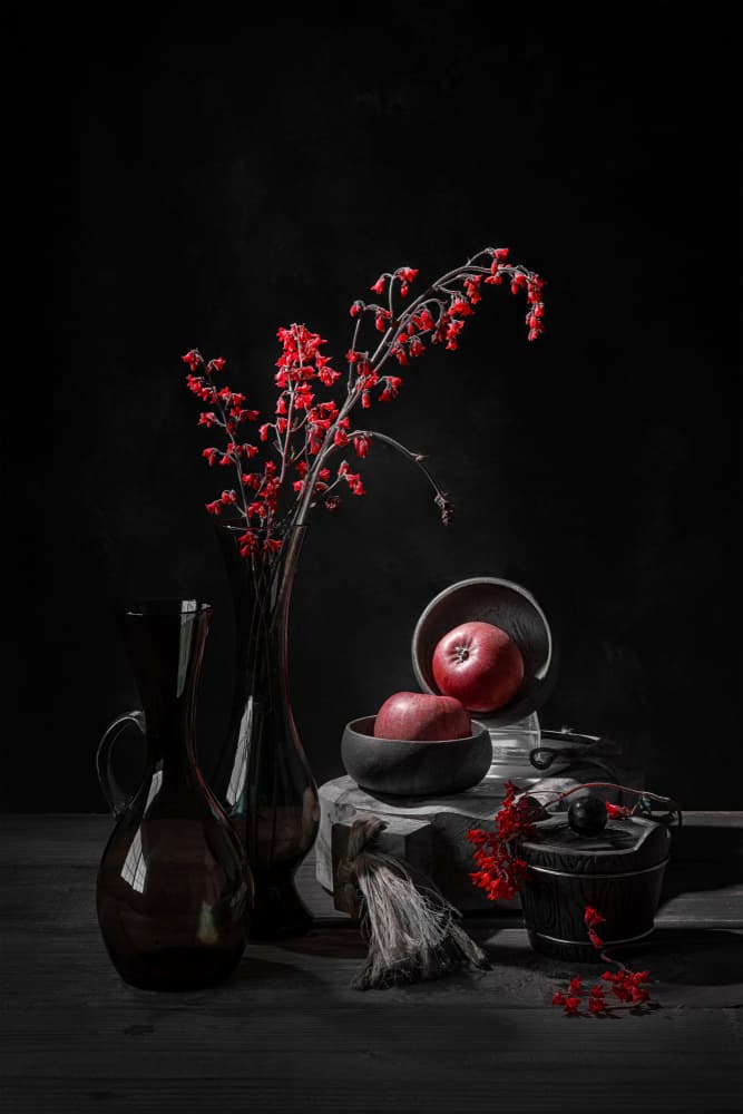 Moody Red Still Life by Lydia Jacobs — canvas wall art
