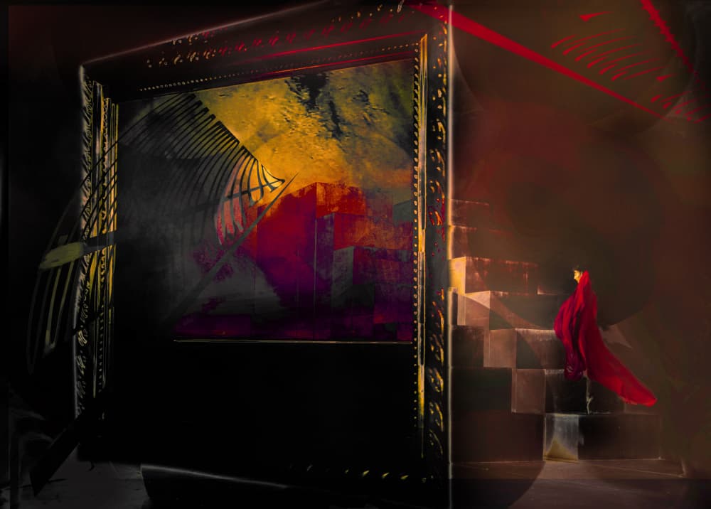 Red Figure on Dark Stairs by Rachel Pansky — canvas wall art