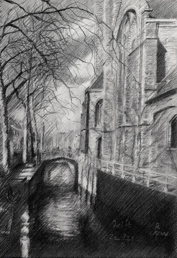 Moody Canal Sketch by Corné Akkers — canvas wall art