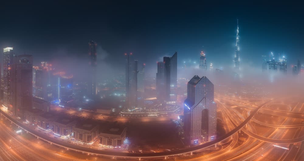 Dubai Night Fog Glow by Javier de la Torre — canvas wall art