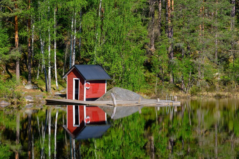 Red Cabin Reflection by Geertjan Plooijer — canvas wall art