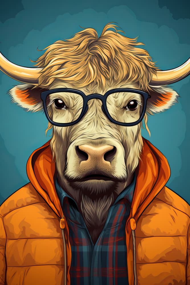 Smart Highland Cow Portrait by Bilge Paksoylu — canvas wall art