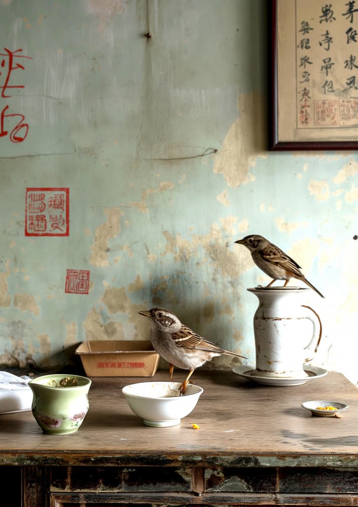 Vintage Tea House Sparrows by Niky Rahner — canvas wall art