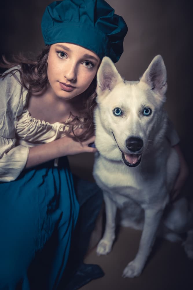 Whimsical Girl And Loyal Husky by Sharon Levy — canvas wall art