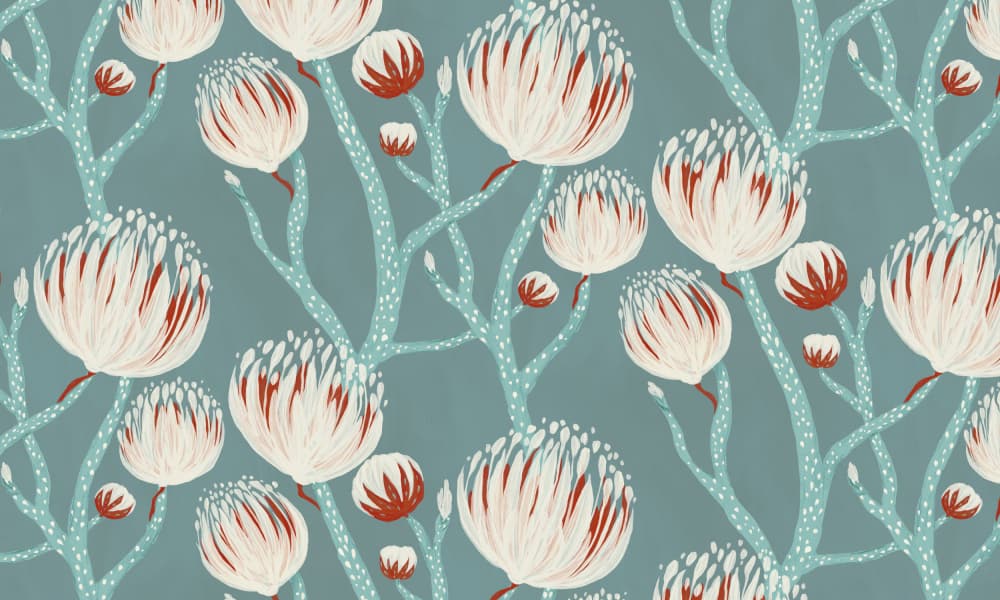 Teal Botanical Flower Pattern by VOLHA RAMANCHUK — canvas wall art