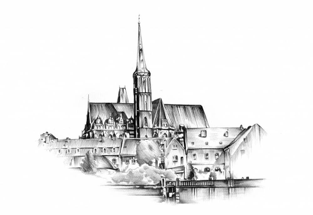 Riverside Cathedral Drawing by Kulik — canvas wall art