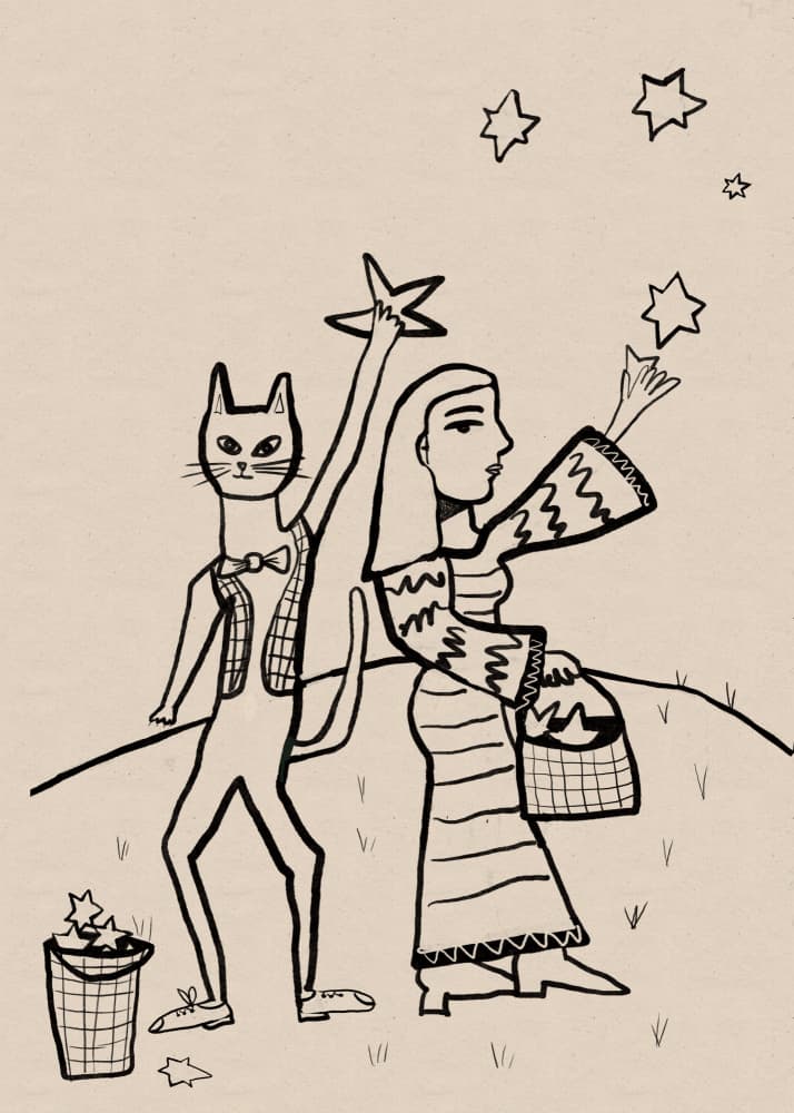 Cat And Woman Collect Stars by Sharyn Bursic — canvas wall art