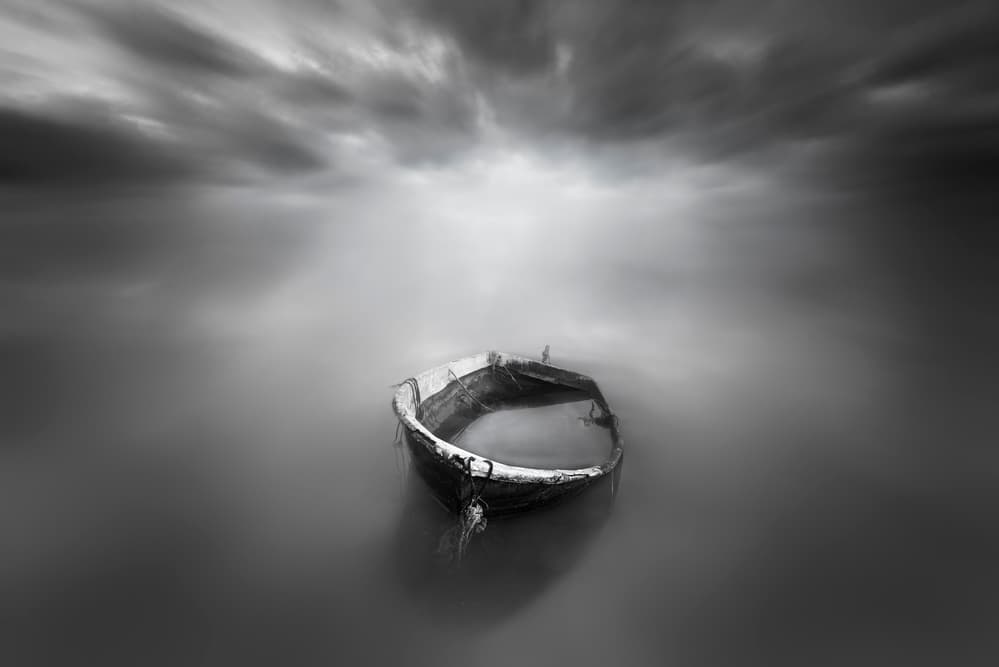 Misty Boat Solitude by Joaquin Guerola — canvas wall art