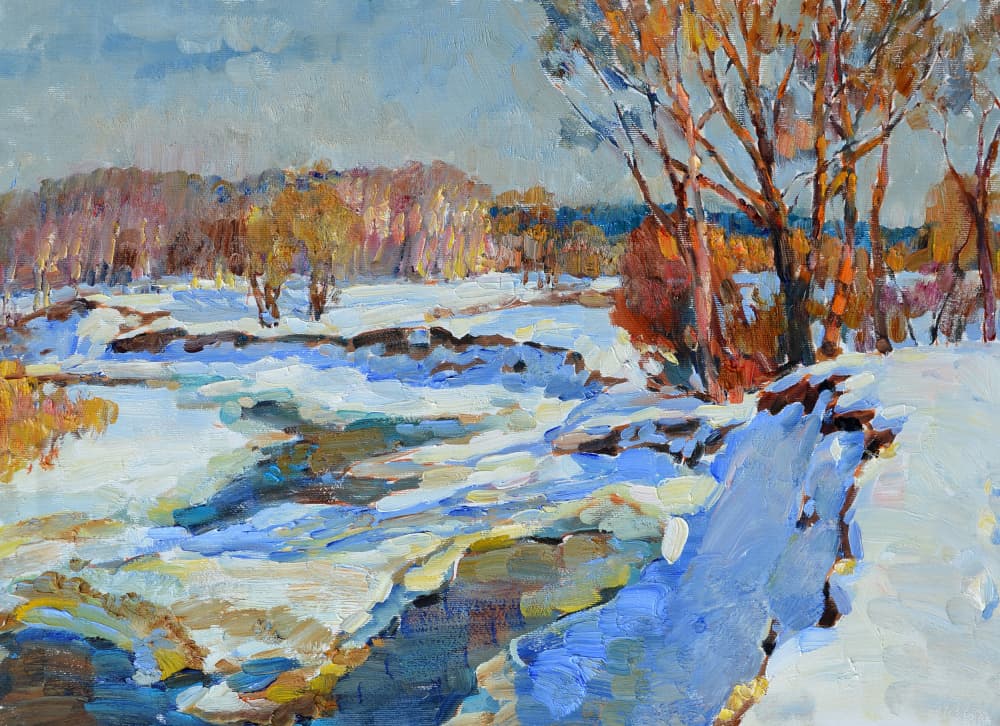 Golden Winter Stream by Andrii Kutsachenko — canvas wall art