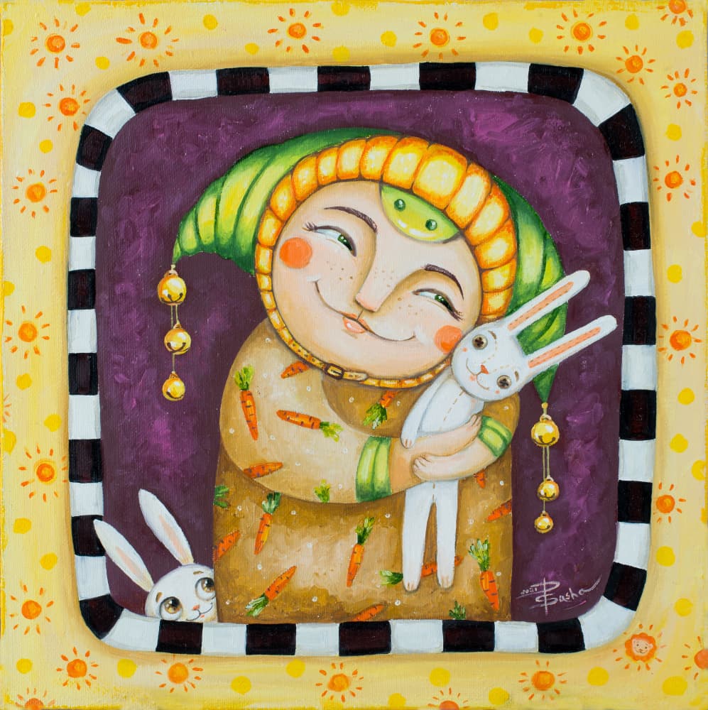Smiling Character and Bunnies by Aleksandra Paranchenko — canvas wall art