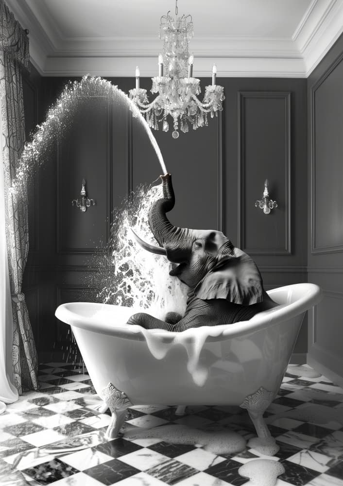 Playful Elephant Bath by Niky Rahner — canvas wall art