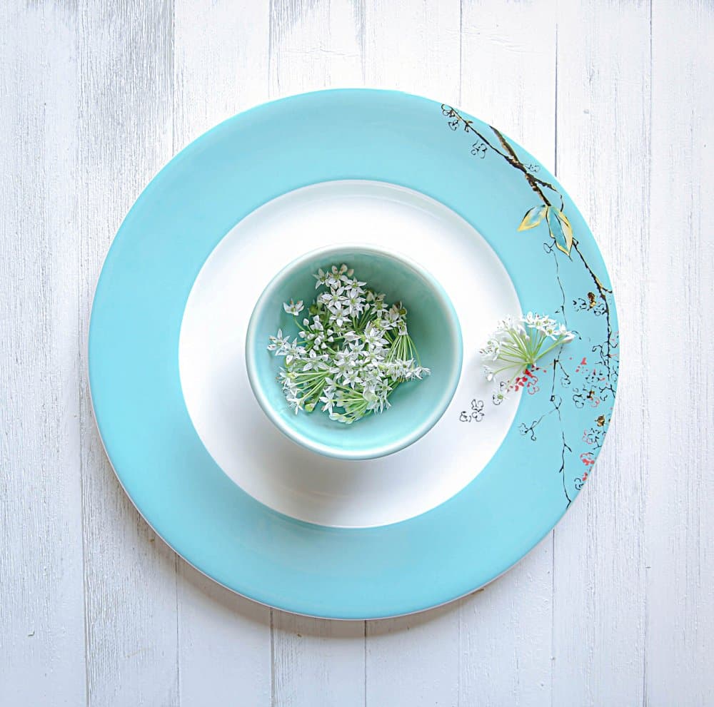 Aqua Plate White Blossoms by Fangping Zhou — canvas wall art
