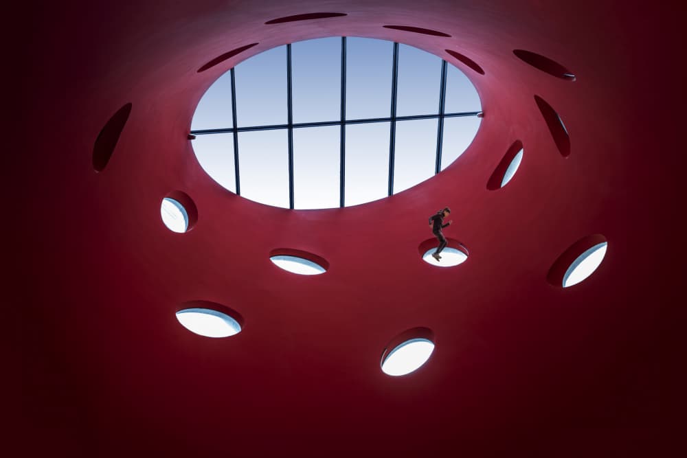 Red Architecture Sky Runner by fotomarion — canvas wall art