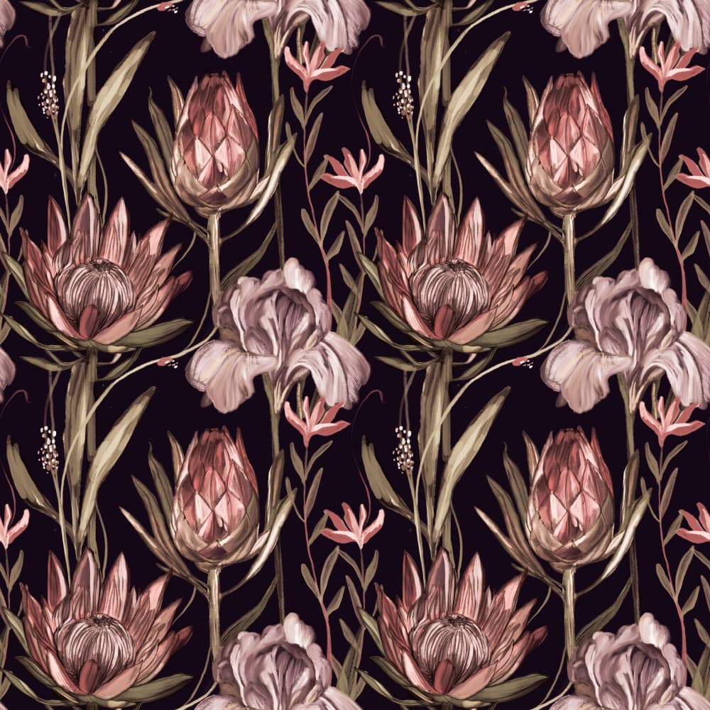 Moody Protea Iris Bloom by Josie George — canvas wall art