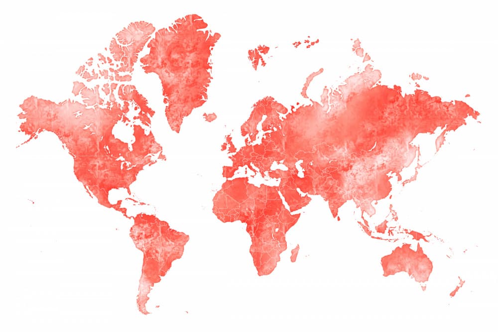 Coral Watercolor World Map by Rosana Laiz Blursbyai — canvas wall art