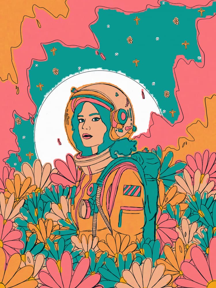 Astronaut Among Flowers by Stephen Wade — canvas wall art