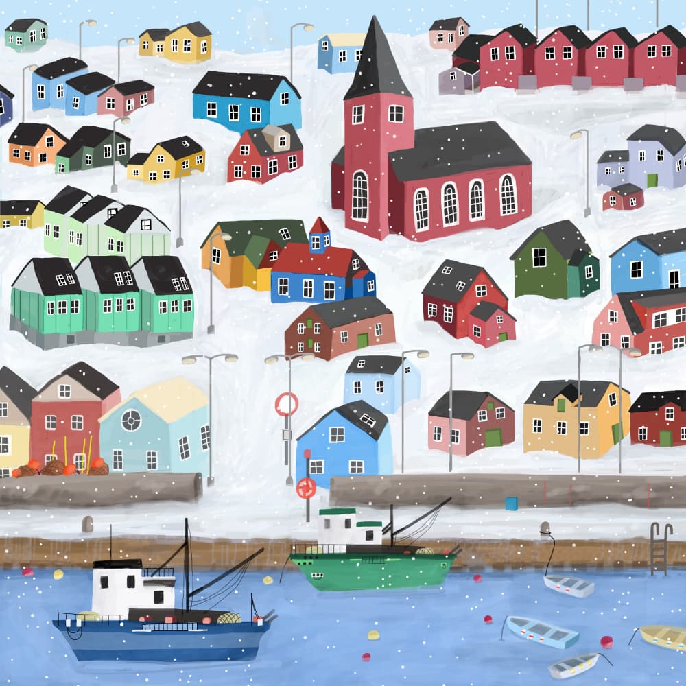 Quaint Snowy Harbor Town by Carla Daly — canvas wall art