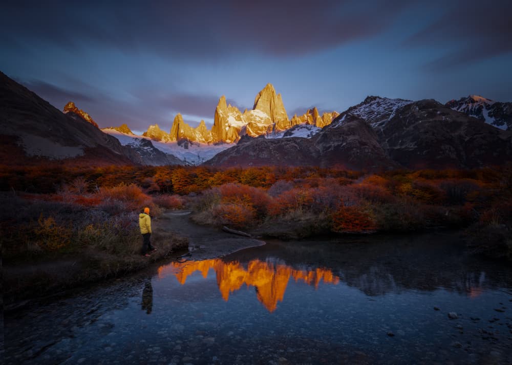 Hiker's Golden Peak Reflection by Chuan Chen APA — canvas wall art