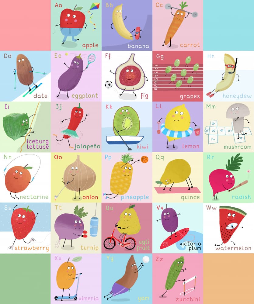 Playful Produce Alphabet by Carla Daly — canvas wall art