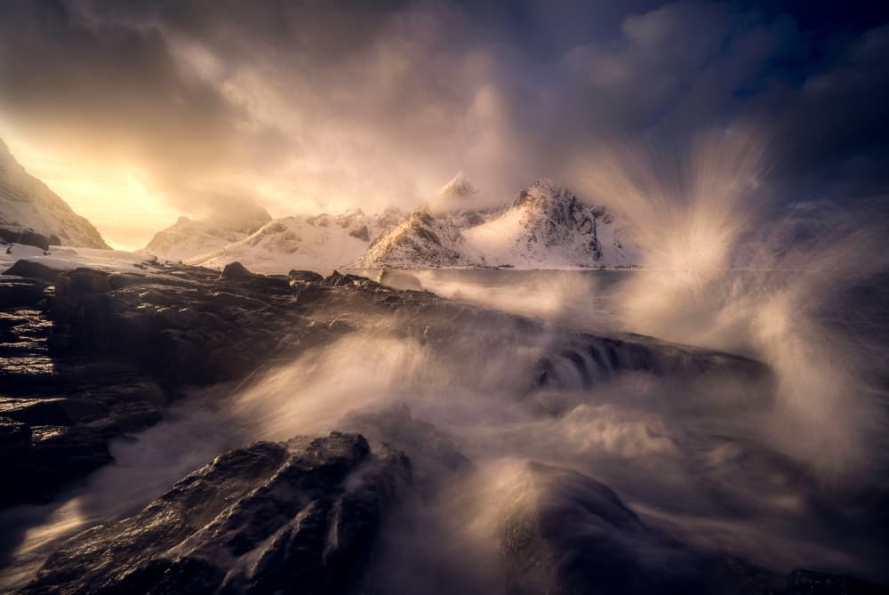 Crashing Waves Golden Light by Marian Kuric QEP — canvas wall art