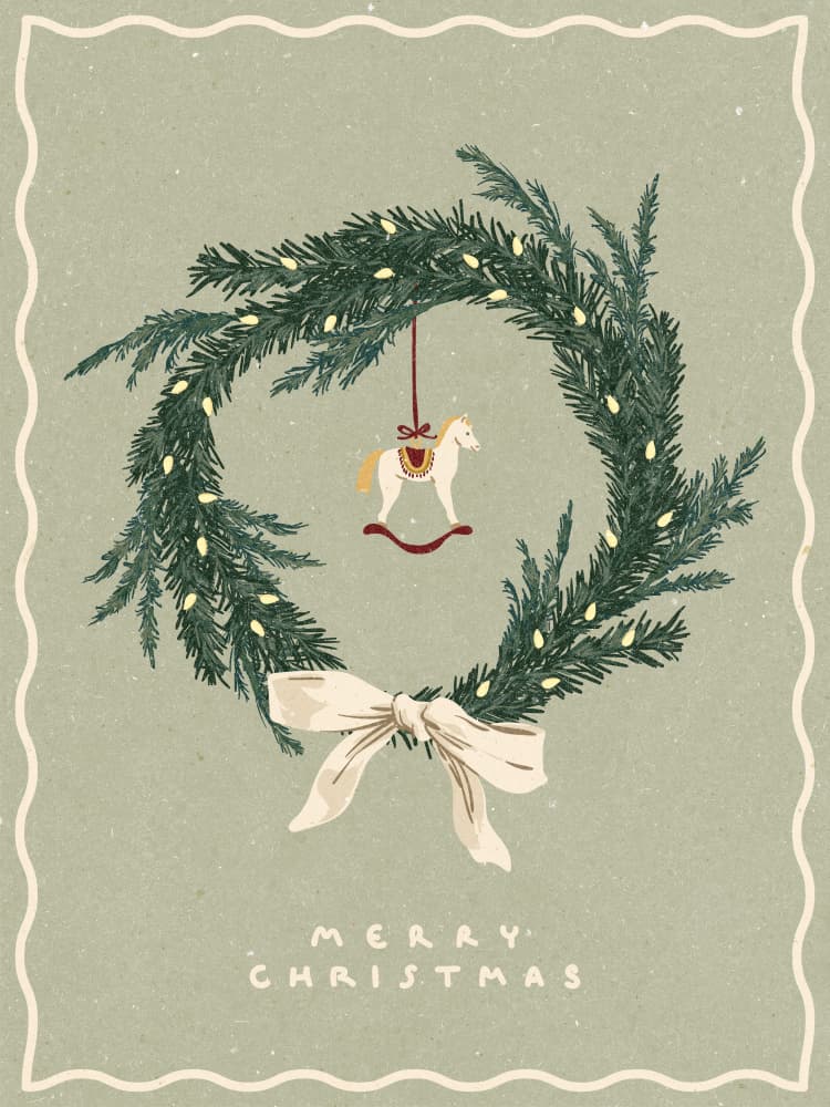 Horses toy on Christmas wreath with bow by NKTN — canvas wall art