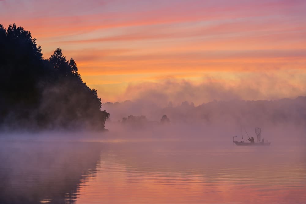 Misty Lake Fishing by 李从军 / Austin Li — canvas wall art