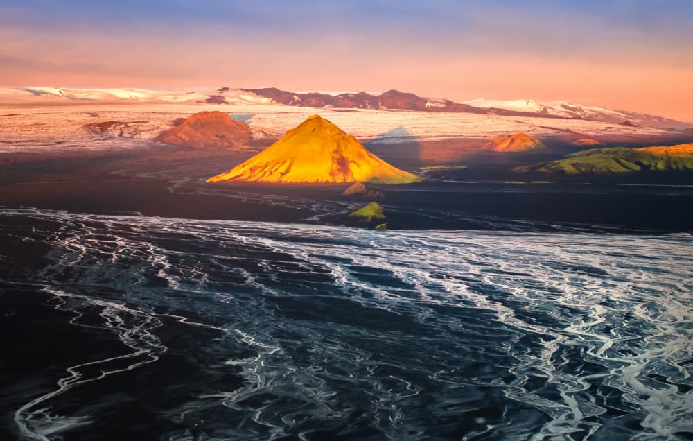 Golden Peak Icy River by Ruiqing P. — canvas wall art