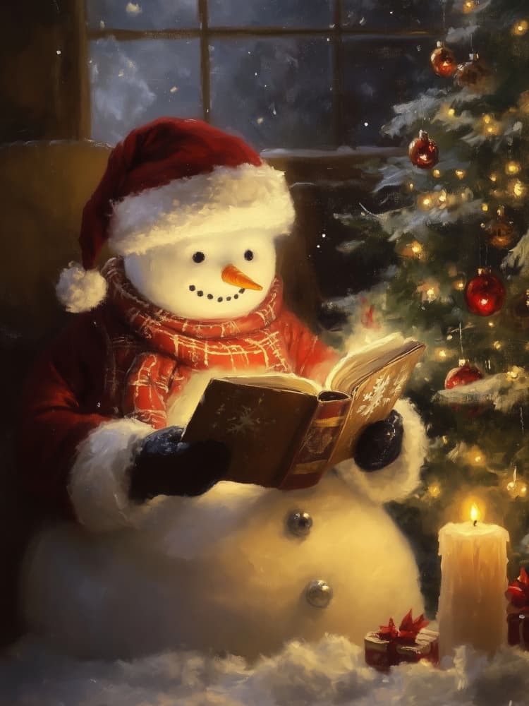 Cozy Christmas Snowman Reading by Jolly and Dash — canvas wall art