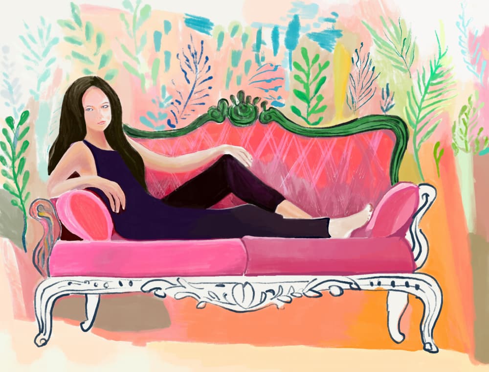Stylish Woman Pink Sofa by Beate Tubach — canvas wall art