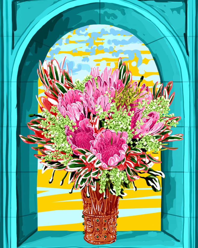 Vibrant Protea Window View by Uma Gokhale — canvas wall art