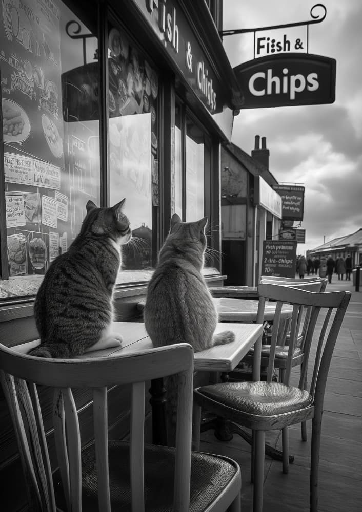 Fish & Chips Cats by Niky Rahner — canvas wall art